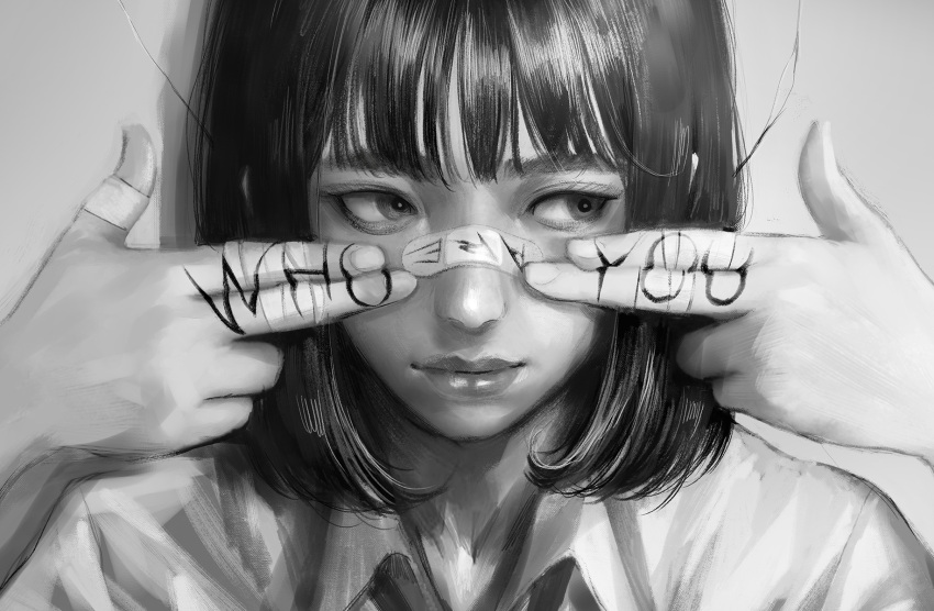1girl bandaid bandaid_on_hand bandaid_on_nose bob_cut body_writing closed_mouth collared_shirt greyscale highres looking_to_the_side monochrome original portrait school_uniform shirt solo symbol-only_commentary wataboku wing_collar
