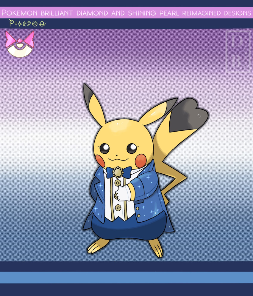 :3 black_eyes blue_bow blue_bowtie blue_pants bow bowtie buttons closed_mouth clothed_pokemon commentary copyright_name dreambig eyelashes full_body gloves highres long_sleeves no_humans outline pants pikachu pokemon pokemon_(creature) smile solo tailcoat watermark white_gloves