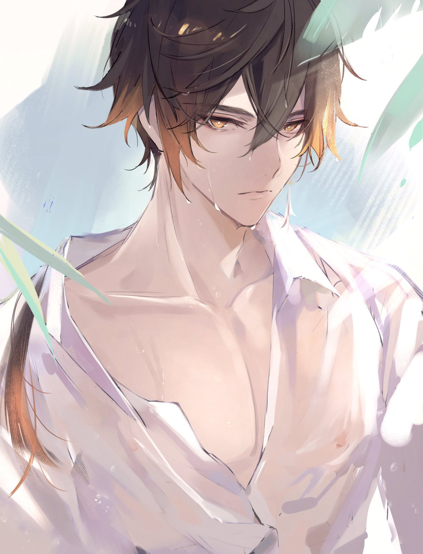 1boy bangs black_hair brown_hair closed_mouth earrings genshin_impact gradient_hair gumilkx hair_between_eyes highres jewelry long_hair male_focus multicolored_hair nipples off_shoulder orange_eyes orange_hair pectoral_cleavage pectorals ponytail see-through shirt simple_background single_earring solo symbol-only_commentary tassel tassel_earrings upper_body wet wet_clothes white_shirt zhongli_(genshin_impact)