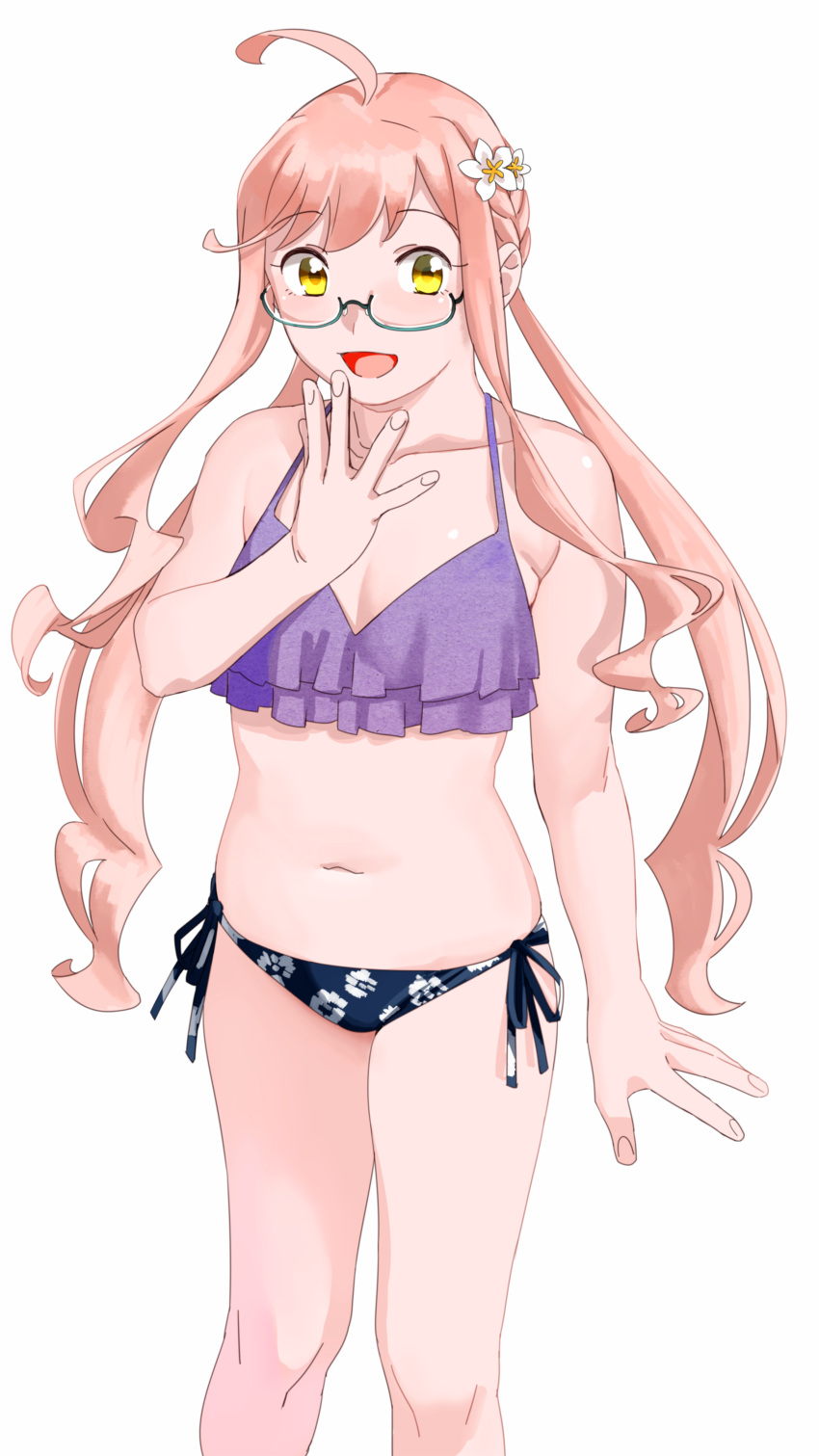 1girl absurdres ahoge bangs bikini braid breasts crown_braid eyebrows_visible_through_hair flower frilled_bikini frills glasses hair_flower hair_ornament highres kantai_collection long_hair makigumo_(kancolle) makigumo_kai_ni_(kancolle) mismatched_bikini ojipon open_mouth pink_hair purple_bikini side-tie_bikini sidelocks simple_background small_breasts solo swimsuit twintails very_long_hair white_background white_flower yellow_eyes