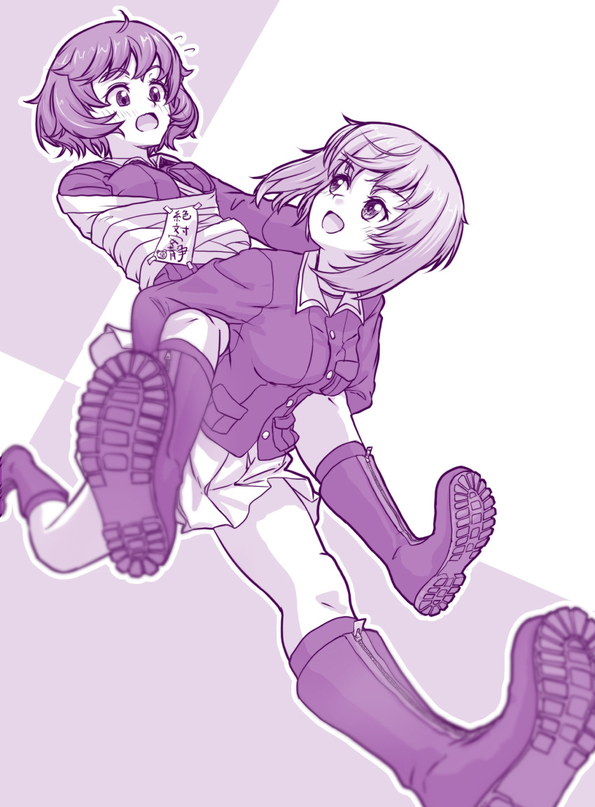 2girls absurdres akiyama_yukari bangs blurry blush boots carrying commentary_request depth_of_field eyebrows_visible_through_hair foreshortening girls_und_panzer highres looking_at_another messy_hair monochrome multiple_girls mushinosuke nishizumi_miho ooarai_military_uniform piggyback short_hair simple_background smile tape translation_request