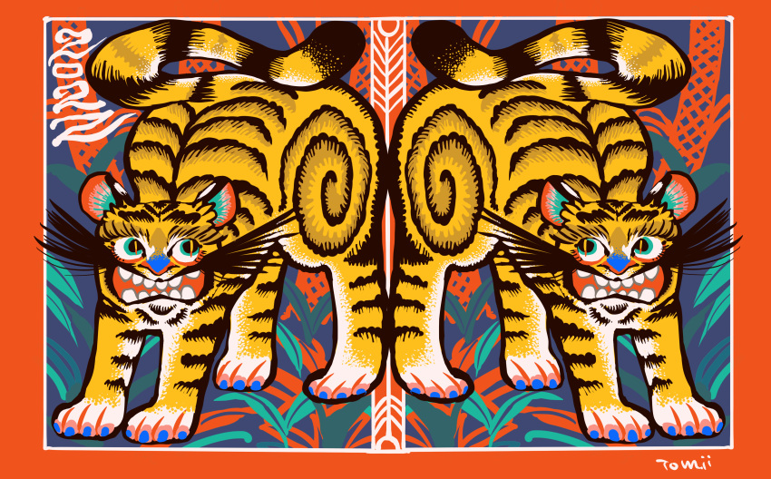 2022 absurdres blue_nails border chinese_zodiac green_eyes highres leaf no_humans open_mouth original plant procreate_(medium) red_border slit_pupils symmetry tiger tomidoron year_of_the_tiger