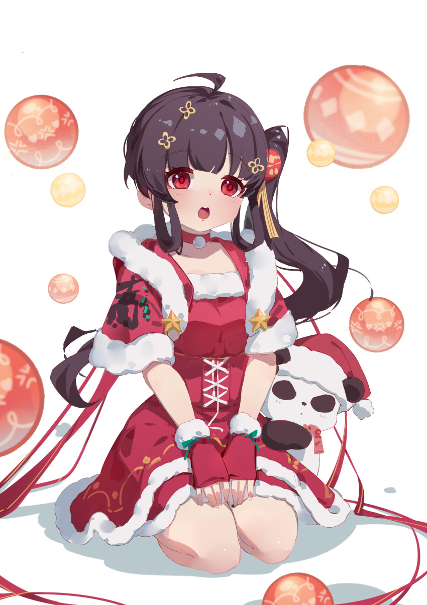 1girl :o absurdres ahoge ariakk bangs bear black_hair capelet chinese_commentary christmas commentary_request dress eyebrows_visible_through_hair fur-trimmed_capelet fur-trimmed_dress fur-trimmed_gloves fur_trim gloves hair_ornament hands_on_lap hat highres light_blush long_hair looking_at_viewer lucia_(punishing:_gray_raven) polar_bear punishing:_gray_raven red_eyes santa_costume santa_dress santa_hat scarf seiza side_ponytail sidelocks sitting solo white_background