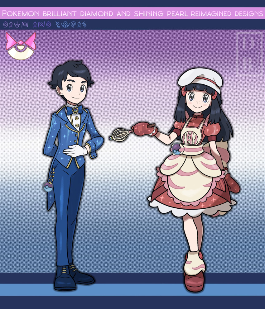 1boy 1girl apron bangs black_hair blue_bow blue_bowtie blue_footwear blue_pants blush bow bowtie buttons chef_hat closed_mouth commentary copyright_name dreambig dress eyelashes gloves grey_eyes hair_ornament hairclip hat highres hikari_(pokemon) leg_warmers long_hair long_sleeves looking_at_viewer lucas_(pokemon) official_alternate_costume oven_mitts pants pokemon pokemon_(game) pokemon_dppt pokemon_masters_ex red_dress red_footwear red_mittens shirt shoes short_sleeves sidelocks smile tailcoat watermark white_gloves white_headwear white_shirt
