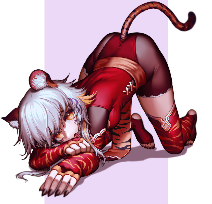 1girl absurdres alternate_costume alternate_hair_color animal_ears ass bangs black_nails breasts bsapricot bsapricot_(vtuber) chinese_zodiac english_commentary fingerless_gloves gloves highres jack-o'_challenge medium_breasts nail_polish red_gloves red_legwear red_nails solo tail thigh-highs tiger_ears tiger_girl tiger_tail toenail_polish toenails top-down_bottom-up virtual_youtuber vshojo year_of_the_tiger
