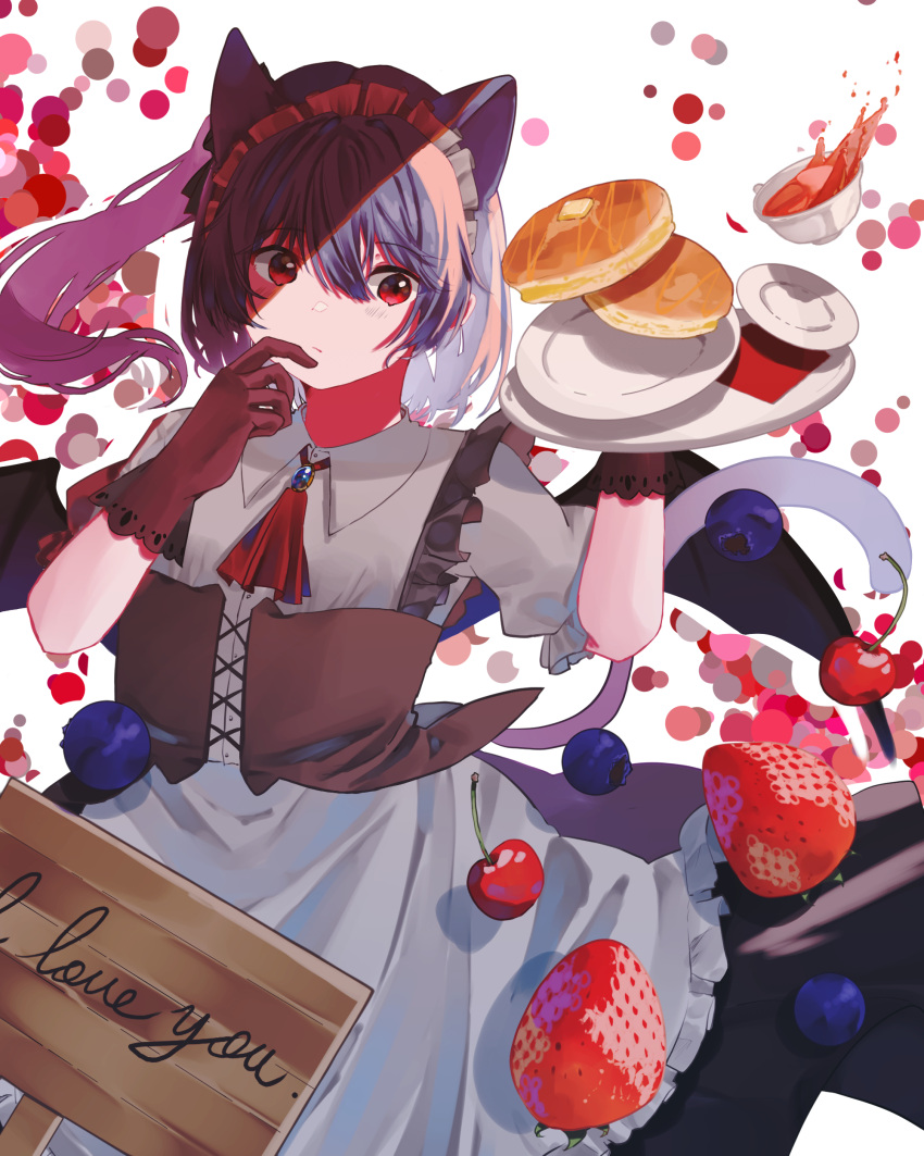 1girl absurdres alternate_costume alternate_hairstyle animal_ears apron arm_up ascot bangs berry black_skirt blueberry blush brown_gloves buttons cat_ears cat_tail cherry closed_mouth collared_shirt english_text eyebrows_visible_through_hair food frills fruit gem gloves grey_apron grey_shirt hair_between_eyes hands_up highres jewelry lei_(knfz7274) looking_to_the_side maid maid_headdress pancake ponytail puffy_short_sleeves puffy_sleeves purple_hair red_ascot red_eyes remilia_scarlet shirt short_hair short_sleeves simple_background skirt solo strawberry tail touhou tray white_background