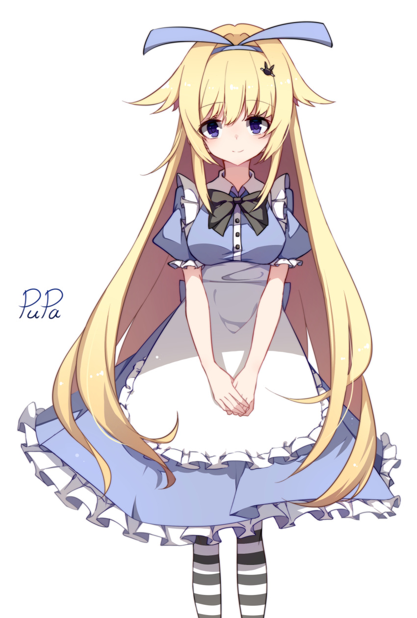 1girl absurdres alice_(black_souls) apron artist_name black_bow black_souls blonde_hair blue_dress blue_hairband bow breasts buttons chinese_commentary collared_dress dress frilled_apron frilled_dress frilled_sleeves frills hair_flaps hair_ornament hairband hairclip highres legs_apart long_hair medium_breasts own_hands_together puffy_short_sleeves puffy_sleeves pupa_jiang purple_pupils short_sleeves simple_background solo striped striped_legwear v_arms very_long_hair violet_eyes waist_apron white_apron white_background