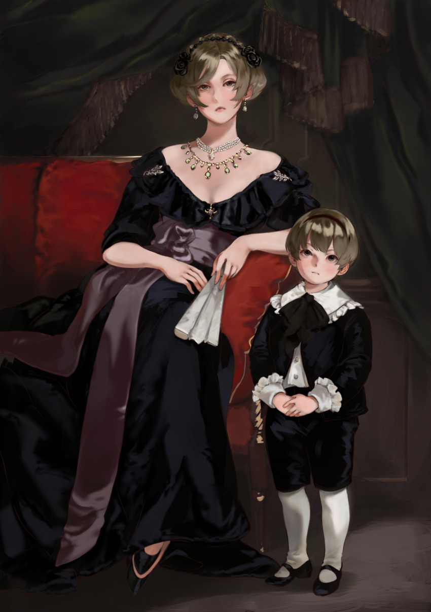 1boy 1girl absurdres ai-wa black_curtains black_dress black_flower black_footwear black_pants black_rose black_shirt brown_eyes brown_hair couch curtains dress earrings fire_emblem fire_emblem_fates flower hairband hand_fan highres jewelry leo_(fire_emblem) looking_at_viewer mother_and_son necklace painting_(object) pants paper_fan portrait_(object) rose shirt white_legwear younger