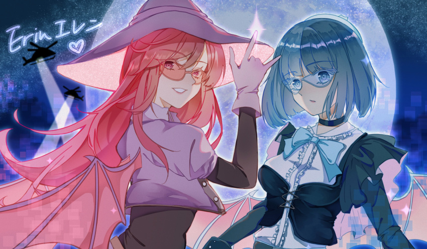 2girls absurdres amekiki belt blue_hair bow breasts checkered checkered_legwear demon_wings dress duel_monster eyebrows_visible_through_hair feet_out_of_frame glasses gloves green_eyes hand_on_eyewear hat highres kisikil_(yuu-gi-ou) large_breasts lilla_(yuu-gi-ou) long_hair long_sleeves multiple_girls pantyhose pink_hair pink_legwear short_hair sparkle white_legwear wings yu-gi-oh! yuu-gi-ou