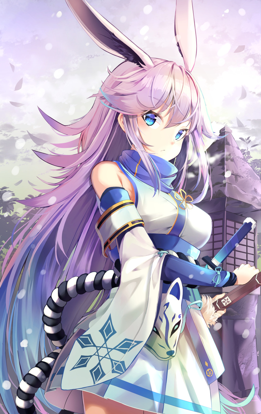 1girl absurdres alternate_color alternate_hair_color animal_ears animal_ears_(artist) bangs bare_shoulders blue_eyes blue_scarf blue_sky closed_mouth fox_ears fox_mask hair_between_eyes highres holding holding_sword holding_weapon honkai_(series) honkai_impact_3rd japanese_clothes katana kimono lantern long_hair looking_at_viewer mask miko outdoors petals pink_hair scarf sky solo sword weapon white_kimono white_sleeves yae_sakura yae_sakura_(gyakushinn_miko)