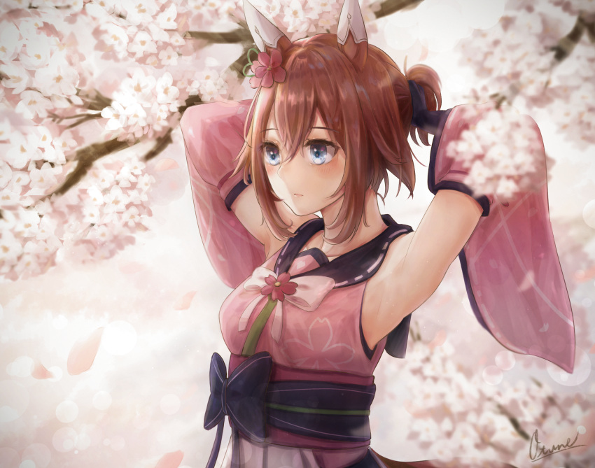 1girl animal_ears armpits arms_up blue_eyes blush breasts cherry_blossoms commentary_request detached_sleeves hair_between_eyes hair_ornament highres horse_ears horse_girl medium_breasts medium_hair otsune_(pixiv_36350590) pink_hair sakura_chiyono_o_(umamusume) signature solo umamusume