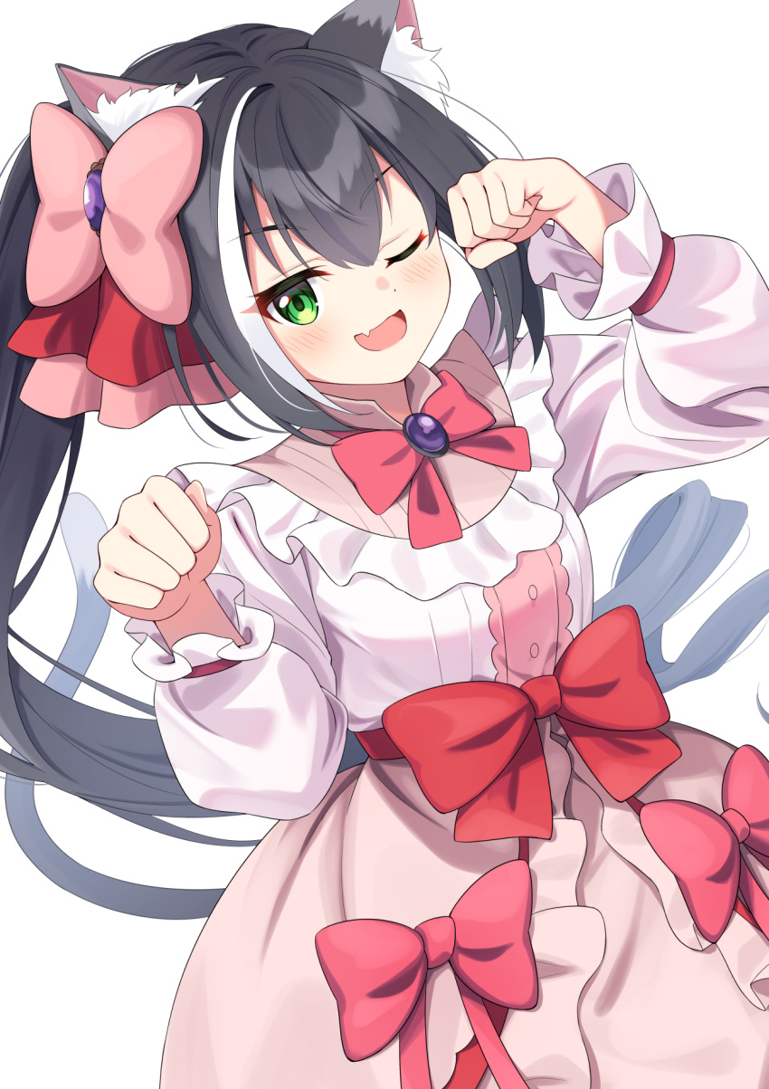 1girl ;d animal_ear_fluff animal_ears bangs black_hair blush bow breasts brown_skirt cat_ears cat_girl cat_tail commentary_request eyebrows_visible_through_hair fang green_eyes hair_between_eyes hair_bow hands_up highres karyl_(princess_connect!) long_hair medium_breasts multicolored_hair one_eye_closed paw_pose pink_bow ponytail princess_connect! red_bow shirt simple_background skirt smile solo streaked_hair syurimp tail very_long_hair white_background white_hair white_shirt