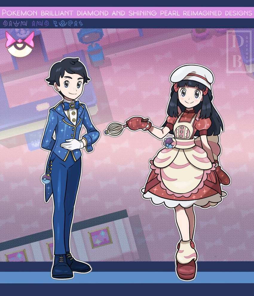 1boy 1girl apron bangs black_hair blue_bow blue_bowtie blue_footwear blue_pants blush bow bowtie buttons chef_hat closed_mouth commentary copyright_name dreambig dress eyelashes gloves grey_eyes hair_ornament hairclip hat highres hikari_(pokemon) leg_warmers long_hair long_sleeves looking_at_viewer lucas_(pokemon) official_alternate_costume oven_mitts pants pokemon pokemon_(game) pokemon_dppt pokemon_masters_ex red_dress red_footwear red_mittens screencap_inset shirt shoes short_sleeves sidelocks smile tailcoat watermark white_gloves white_headwear white_shirt