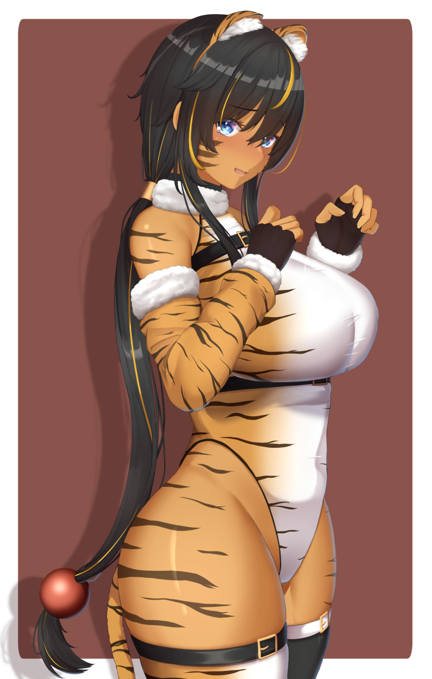 1girl absurdres animal_ears animal_print bangs bare_shoulders black_hair black_legwear blue_eyes blush breasts eyebrows_visible_through_hair fingerless_gloves from_side fur_collar fur_trim gloves hands_up highres large_breasts leotard long_hair looking_at_viewer mashiro03 multicolored_hair orange_hair original parted_lips simple_background single_thighhigh smile solo streaked_hair tail thigh-highs thigh_strap tiger_ears tiger_print tiger_tail