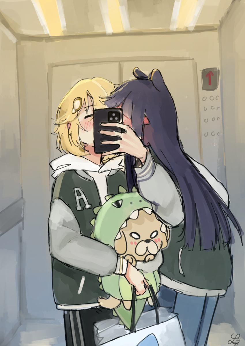 2girls blonde_hair blush bubba_(watson_amelia) closed_eyes dinosaur_costume ear_blush elevator hair_ornament highres holding holding_phone hololive hololive_english hood hood_down implied_kiss long_hair lucferz monocle_hair_ornament multiple_girls ninomae_ina'nis phone pointy_ears purple_hair signature sketch standing virtual_youtuber watson_amelia yuri