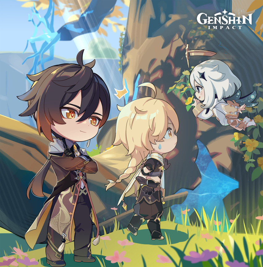 1girl 2boys :q absurdres aether_(genshin_impact) bangs black_gloves black_hair blonde_hair braid brown_hair chibi coat crossed_arms day dress english_commentary flower genshin_impact gloves gradient_hair grass hair_ornament halo highres leaf logo long_hair long_sleeves multicolored_hair multiple_boys off_shoulder orange_eyes outdoors paimon_(genshin_impact) pants pink_flower single_braid standing sweat tassel tongue tongue_out tree white_dress white_hair yellow_eyes yellow_flower zhongli_(genshin_impact)