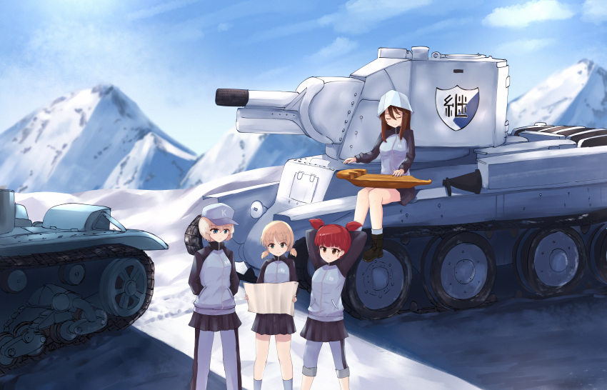 4girls absurdres aki_(girls_und_panzer) ankle_boots arms_behind_head arms_up bangs baseball_cap blue_eyes blue_footwear blue_headwear blue_jacket blue_pants blue_skirt blunt_bangs boots brown_hair bt-42 closed_eyes closed_mouth day emblem frown girls_und_panzer green_eyes grey_legwear ground_vehicle hair_tie hands_in_pockets hat highres holding holding_instrument holding_map instrument jacket kantele keizoku_(emblem) keizoku_military_uniform kurokimono001 light_brown_hair long_hair long_sleeves low_twintails map mika_(girls_und_panzer) mikko_(girls_und_panzer) military military_uniform military_vehicle miniskirt motor_vehicle mountain mountainous_horizon multiple_girls music outdoors pants pants_rolled_up pants_under_skirt playing_instrument pleated_skirt raglan_sleeves red_eyes redhead shadow short_hair short_twintails silver_hair single_vertical_stripe sitting skirt smile snow socks standing tank track_jacket track_pants tulip_hat twintails uniform vehicle_request youko_(girls_und_panzer)