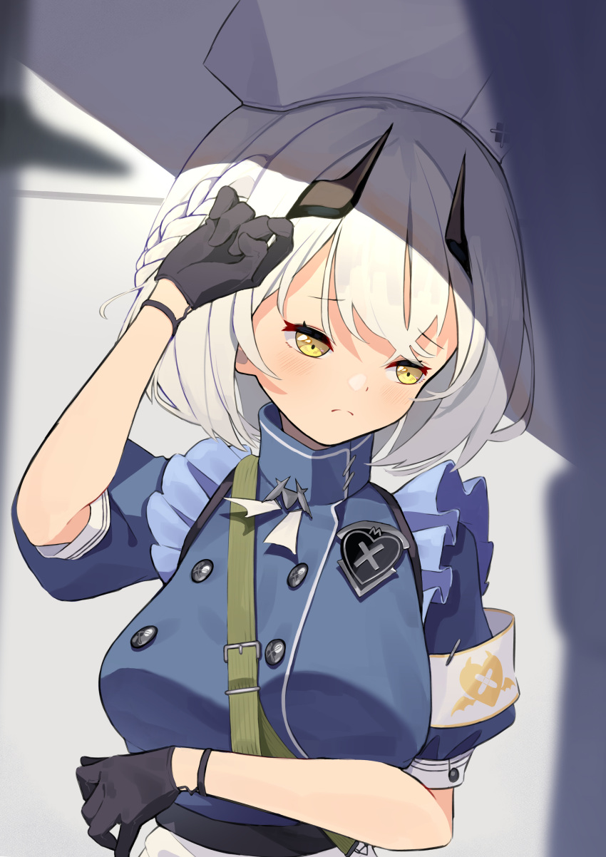 1girl absurdres armband black_gloves blue_archive blurry blurry_foreground blush breasts commentary_request gloves hair_between_eyes hat highres looking_away medium_breasts medium_hair nurse_cap portrait sena_(blue_archive) shadow silver_hair solo wall yellow_eyes yuki_hishaku