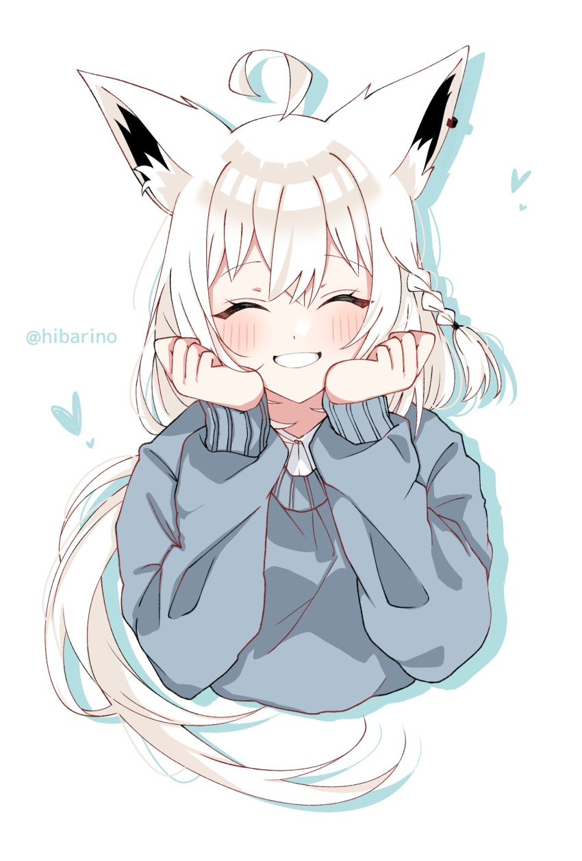 1girl ^_^ animal_ears braid closed_eyes fox_ears grin happy hibarino_tuyuri highres hololive long_hair long_sleeves shirakami_fubuki side_braid smile sweater virtual_youtuber white_hair