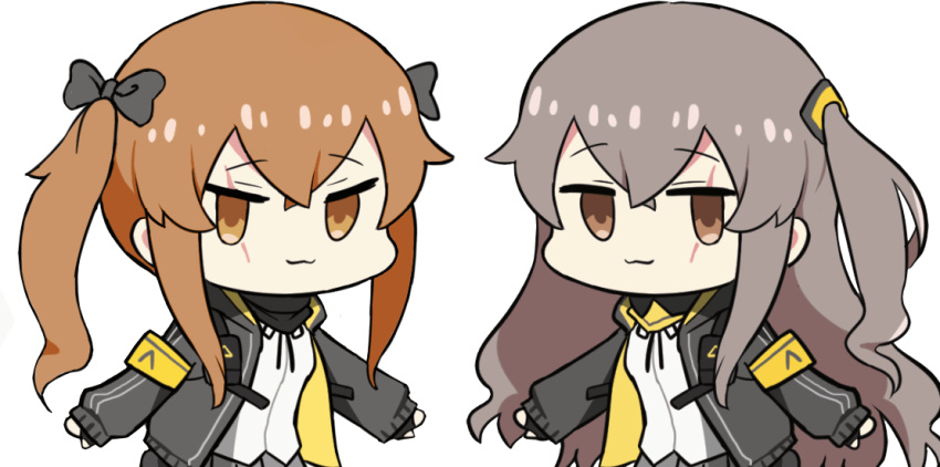 :3 animated animated_gif black_jacket brown_eyes brown_hair closed_mouth girls_frontline jacket jalm looking_at_viewer looping_animation scar scar_across_eye simple_background smile smug twintails ump45_(girls'_frontline) ump9_(girls'_frontline) white_background