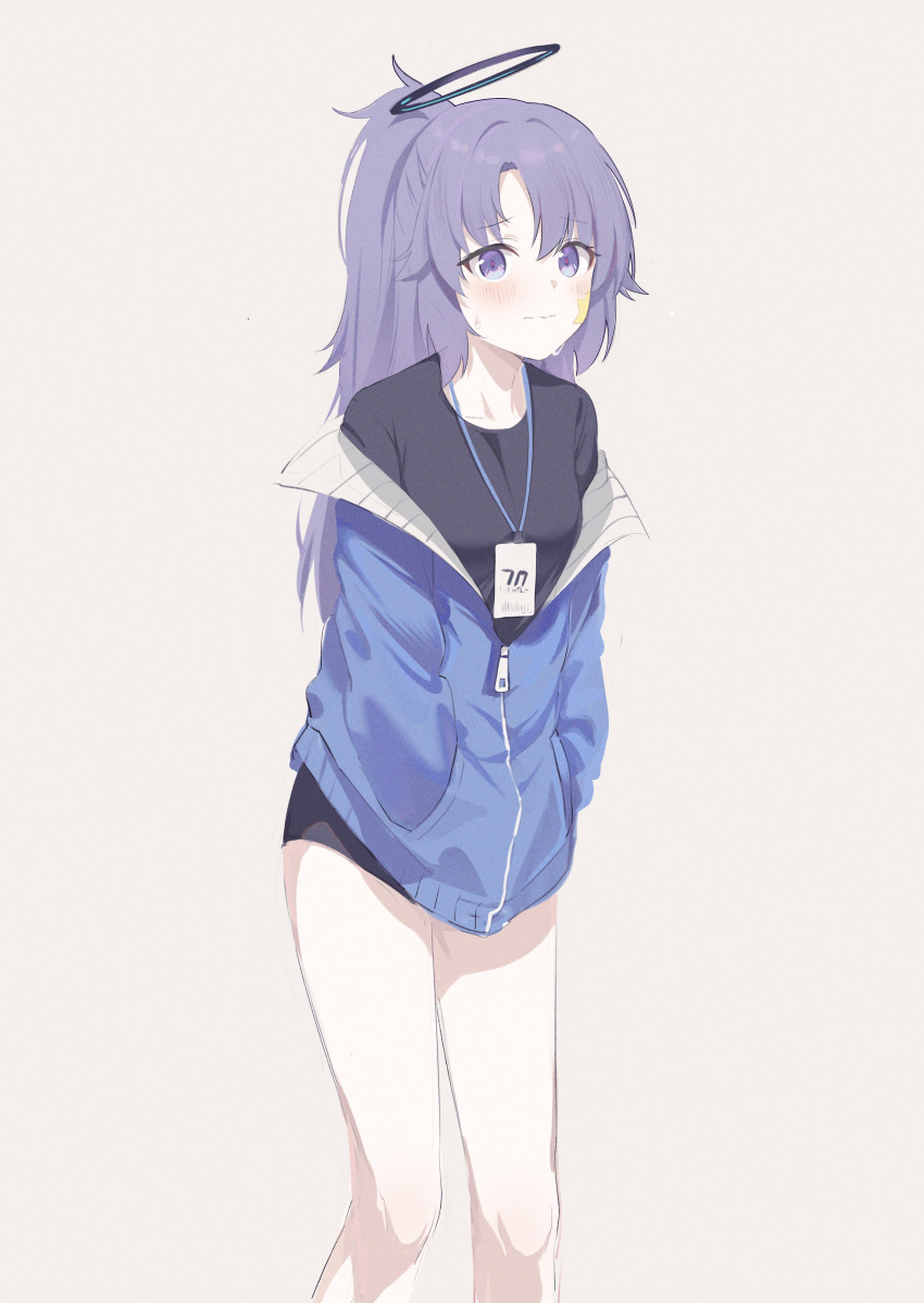 1girl absurdres alternate_costume alternate_hairstyle black_shirt blue_archive blue_jacket blush halo hands_in_pockets highres id_card jacket lanyard open_clothes open_jacket ponytail purple_hair shirt simple_background solo sweat track_jacket violet_eyes yuuka_(blue_archive) zapik