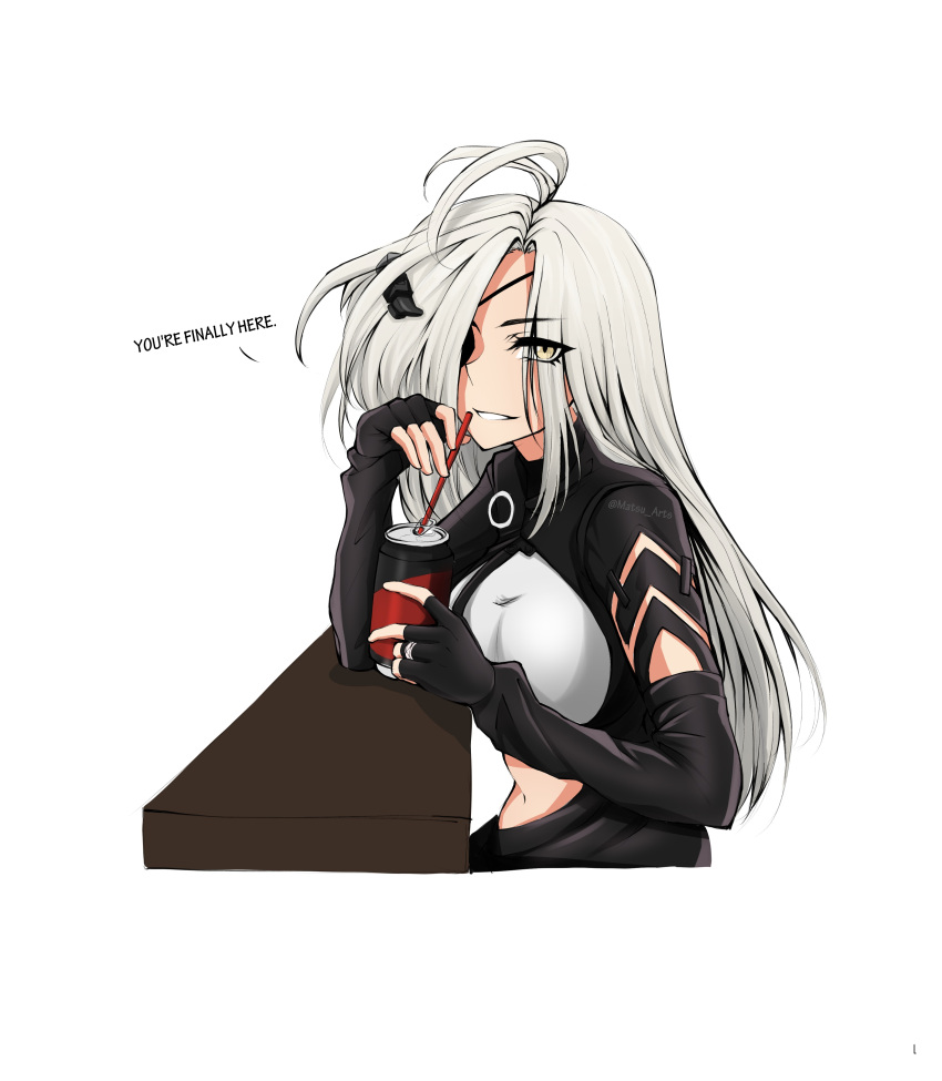1girl absurdres alchemist_(girls'_frontline) bangs black_eyepatch black_gloves breasts elbow_gloves english_text eyebrows_visible_through_hair eyepatch fingerless_gloves girls_frontline gloves hair_between_eyes highres jar long_hair looking_at_viewer matsu_arts open_mouth sangvis_ferri silver_hair smile solo twitter_username upper_body white_background yellow_eyes