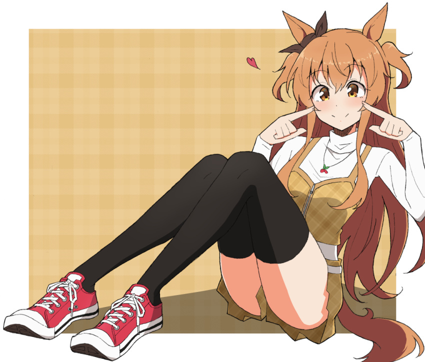 1girl animal_ears bangs black_legwear blush commentary_request converse dress ear_ribbon full_body hair_between_eyes heart horse_ears horse_girl horse_tail jewelry long_hair long_sleeves looking_at_viewer mayano_top_gun_(umamusume) necklace nel-c orange_eyes orange_hair pointing pointing_at_self red_footwear ribbon shoes sidelocks simple_background sitting smile sneakers solo tail thigh-highs turtleneck two_side_up umamusume very_long_hair yellow_dress