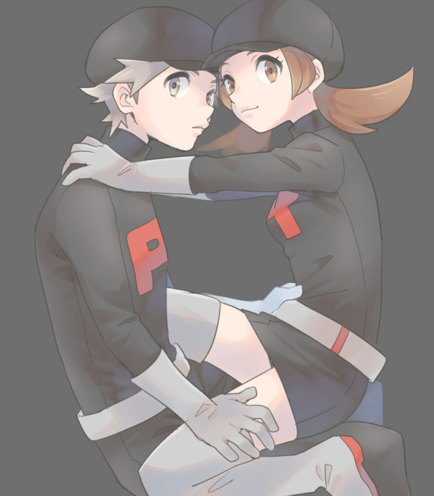1boy 1girl belt black_headwear black_jacket black_skirt boots brown_eyes brown_hair cabbie_hat closed_mouth commentary_request from_side gloves grey_belt grey_footwear grey_gloves hand_on_another's_shoulder hat highres jacket logo long_hair lyra_(pokemon) pokemon pokemon_(game) pokemon_frlg pokemon_hgss pumpkinpan red_(pokemon) short_hair skirt spiky_hair team_rocket team_rocket_uniform thigh-highs thigh_boots twintails