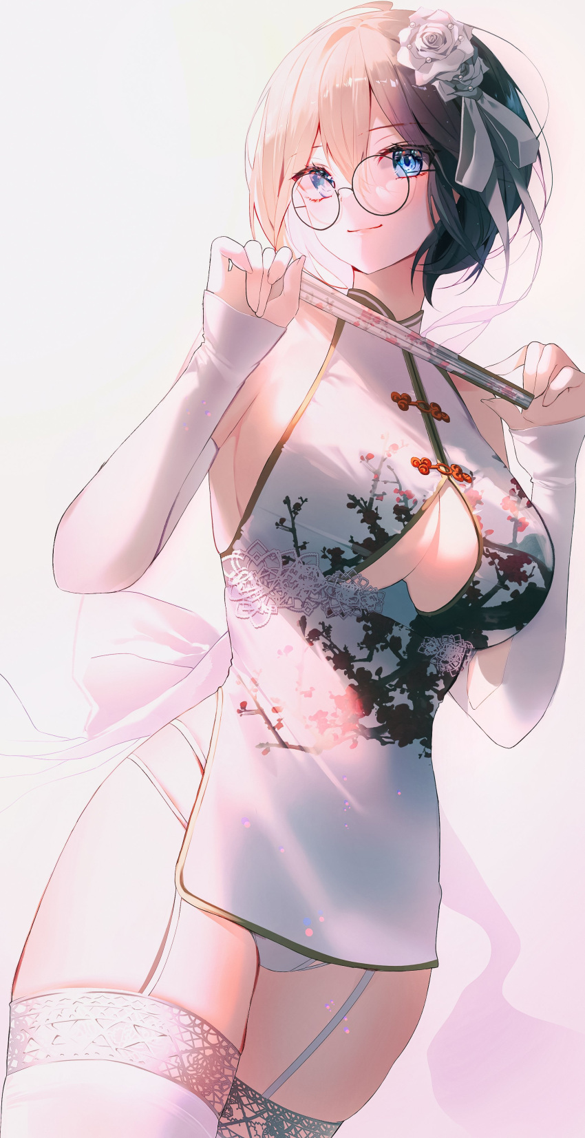 1girl absurdres bare_shoulders black_hair blue_eyes breasts china_dress chinese_clothes clothing_cutout cowboy_shot curtains detached_sleeves dress flower folding_fan garter_belt glasses hair_flower hair_ornament hand_fan hands_up highres holding icebox46 large_breasts long_sleeves looking_at_viewer original panties pelvic_curtain round_eyewear short_dress short_hair sleeveless sleeveless_dress smile solo standing string_panties thigh-highs thighs under_boob underboob_cutout underwear white_dress white_legwear white_panties