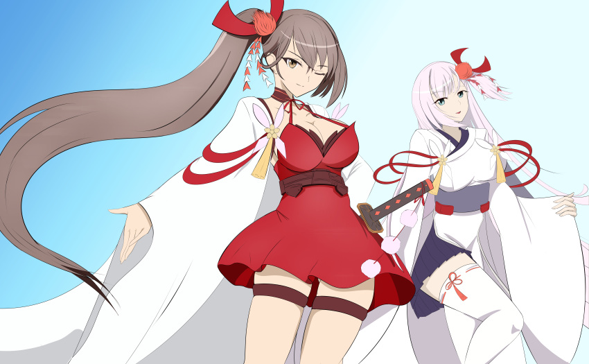 2girls azur_lane bangs blue_eyes blush breasts brown_eyes brown_hair closed_mouth commentary_request dress eyebrows_visible_through_hair frown furanka grabbing hair_ornament halterneck japanese_clothes kimono large_breasts long_hair long_sleeves looking_at_viewer medium_breasts multiple_girls obi one_side_up open_mouth red_dress sash shoukaku_(azur_lane) silver_hair standing translation_request white_kimono zuikaku_(azur_lane)