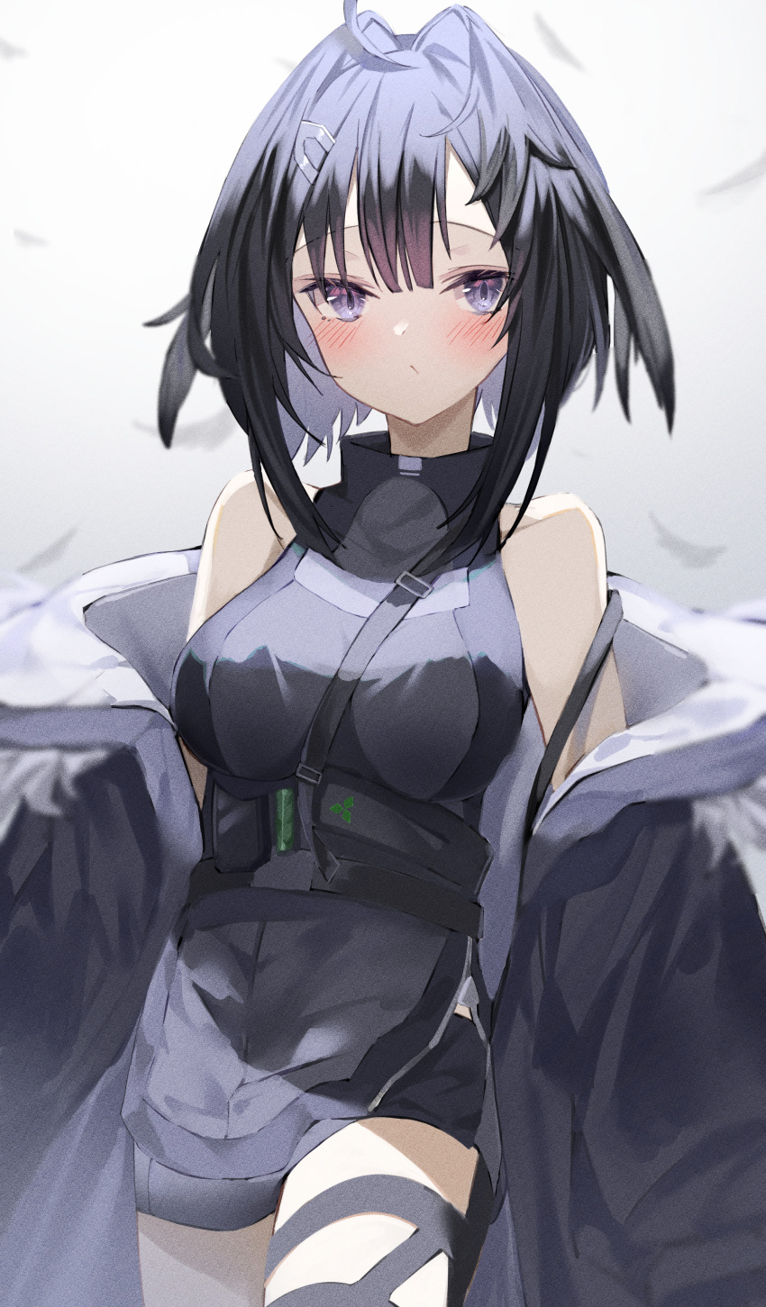 1girl absurdres ahoge arknights bangs black_coat black_dress black_feathers black_hair black_shorts blue_eyes blurry blurry_background blush breasts coat commentary dress feather_hair feathers film_grain fur-trimmed_coat fur_trim hair_wings highres la_pluma_(arknights) looking_at_viewer medium_breasts off_shoulder open_clothes open_coat short_hair shorts simple_background sleeveless sleeveless_dress solo sutei_(arece15) thigh_strap white_background