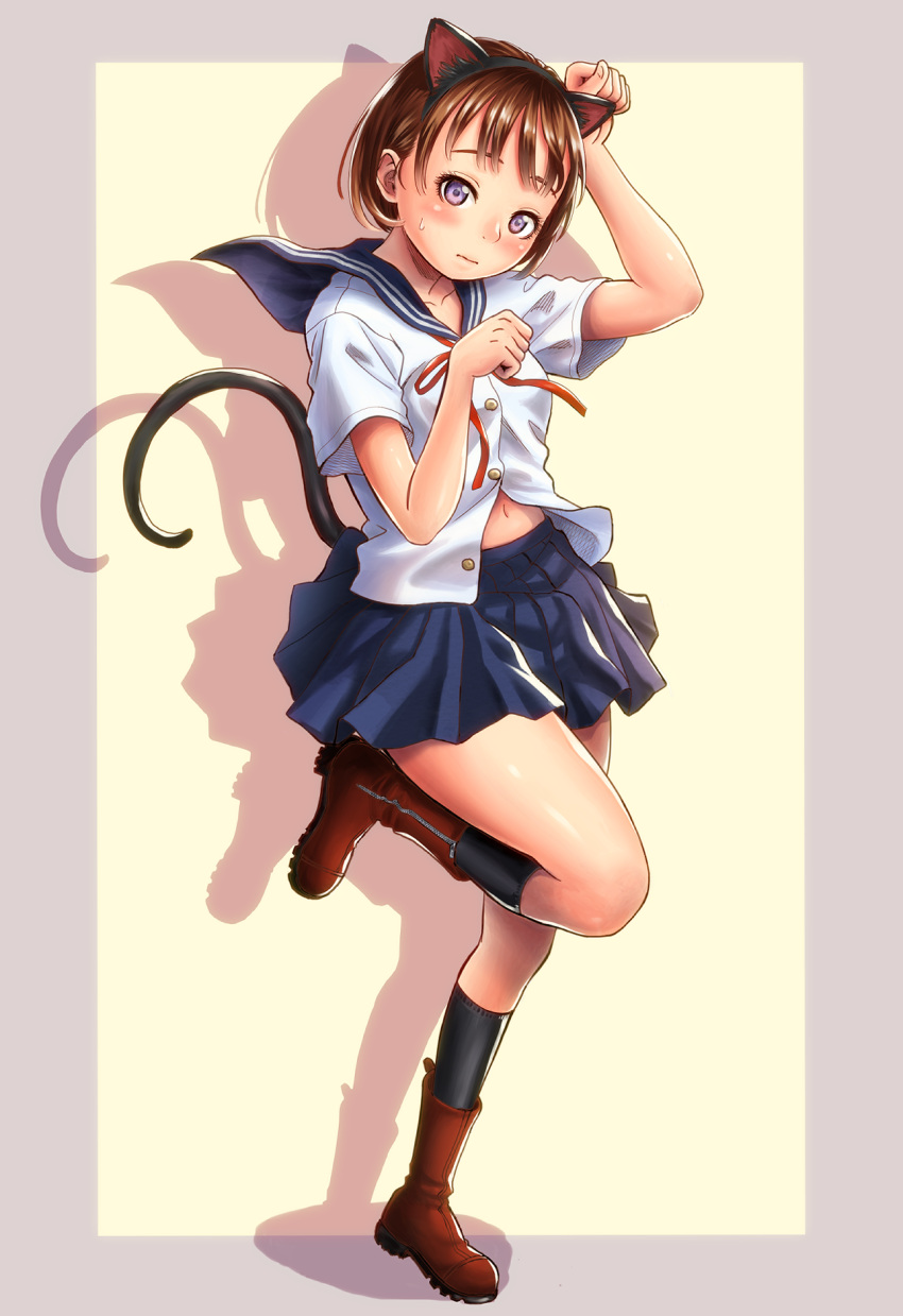 1girl animal_ears bangs black_hairband black_legwear blue_sailor_collar blue_skirt blush bob_cut boots brown_footwear brown_hair cat_ears cat_tail closed_mouth commentary drop_shadow eyelashes fake_animal_ears foot_up grey_background hairband highres kneehighs midriff midriff_peek navel neck_ribbon original outside_border partially_unbuttoned paw_pose pleated_skirt raised_eyebrows red_ribbon ribbon sailor_collar school_uniform serafuku shirt short_hair skirt solo standing standing_on_one_leg stomach sweatdrop tail thighs uniform wadachitokakeru white_shirt yellow_background