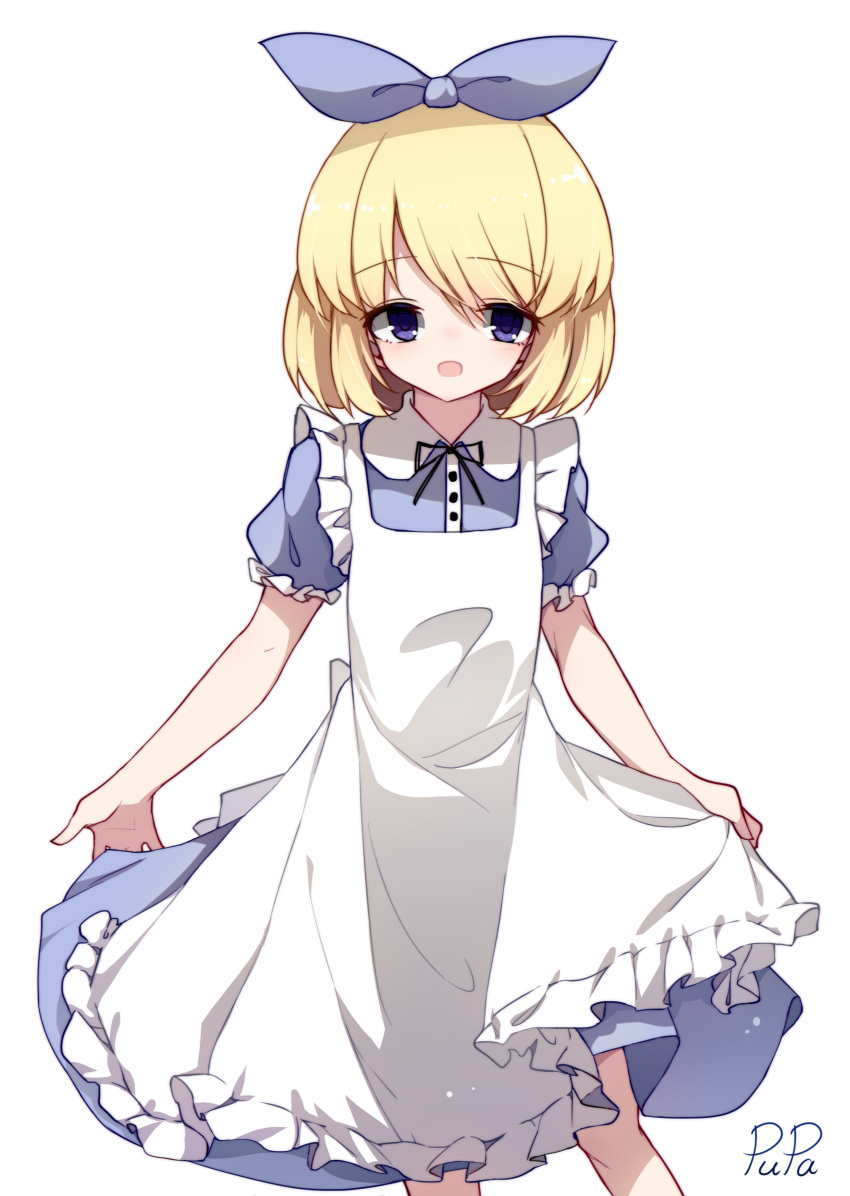 1girl absurdres alice_(black_souls) apron bangs black_ribbon black_souls blonde_hair blue_dress blue_ribbon buttons clothes_lift collared_dress dress dress_lift flat_chest frilled_apron frilled_sleeves frills hair_between_eyes hair_ribbon highres lifted_by_self looking_at_viewer open_mouth puffy_short_sleeves puffy_sleeves pupa_jiang purple_pupils ribbon short_hair short_sleeves simple_background solo violet_eyes white_apron white_background