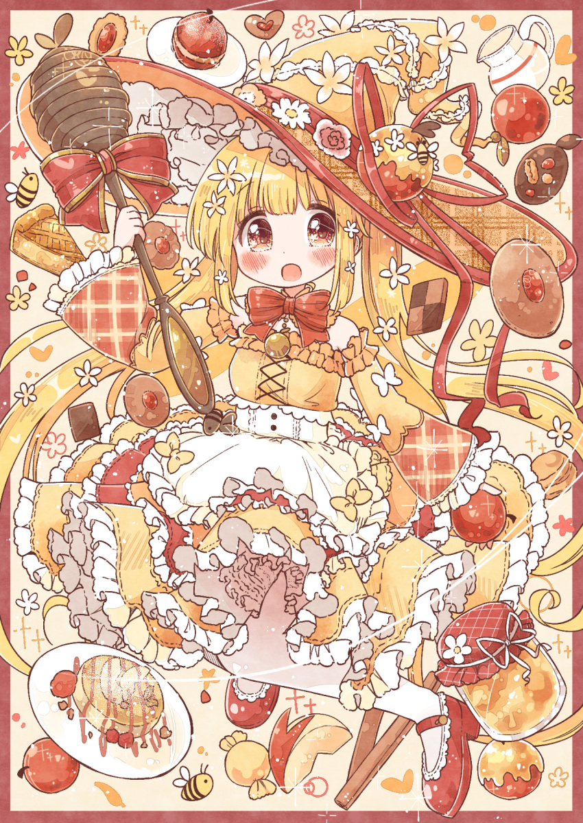 1girl :o apple apron bangs bee blonde_hair blush bow bug cookie cross-laced_dress detached_collar dress flower food frilled_dress frilled_hat frills fruit hair_flower hair_ornament hat hat_flower hat_ribbon high_heels highres holding holding_food holding_wand honey honey_dipper jar large_hat long_hair long_sleeves magical_girl neko_satou off-shoulder_dress off_shoulder open_mouth original pancake pantyhose pie pie_slice pitcher plate ribbon solo twintails very_long_hair waist_apron wand witch witch_hat wrapped_candy yellow_eyes