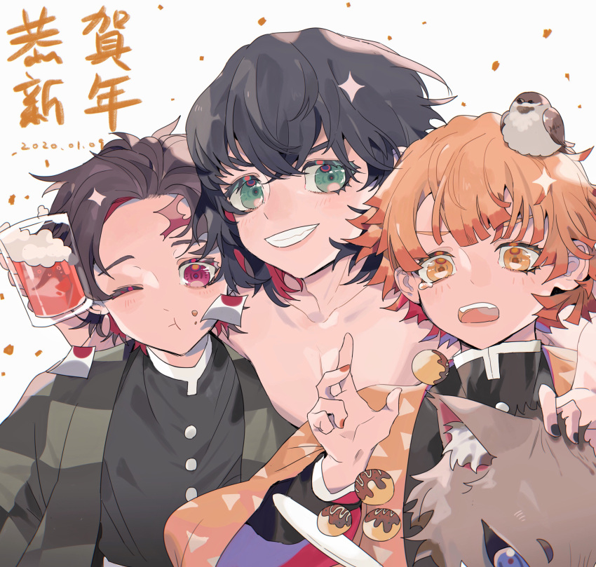 3boys absurdres agatsuma_zenitsu animal_on_head bird bird_on_head black_hair black_jacket black_nails brown_hair chinese_commentary closed_mouth collarbone commentary_request cup dated drink drinking_glass earrings food food_on_face gakuran green_eyes grin haori hashibira_inosuke highres holding holding_drink jacket japanese_clothes jewelry kamado_nezuko kamado_tanjirou kimetsu_no_yaiba long_sleeves looking_at_viewer male_focus multiple_boys on_head one_eye_closed open_mouth orange_eyes orange_hair orange_nails pink_eyes scar scar_on_face scar_on_forehead school_uniform short_hair simple_background smile sparkle taowu_(20809) tearing_up teeth topless_male upper_body upper_teeth white_background