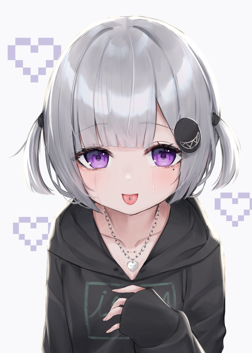 1girl :p bangs black_hoodie blunt_bangs blush collarbone commentary_request eyebrows_visible_through_hair grey_background grey_hair hair_ornament hand_up heart heart_necklace highres hood hood_down hoodie long_sleeves mole mole_under_eye original piercing pixel_art puffy_long_sleeves puffy_sleeves simple_background sleeves_past_wrists solo sweat tongue tongue_out tongue_piercing tsukiman upper_body violet_eyes
