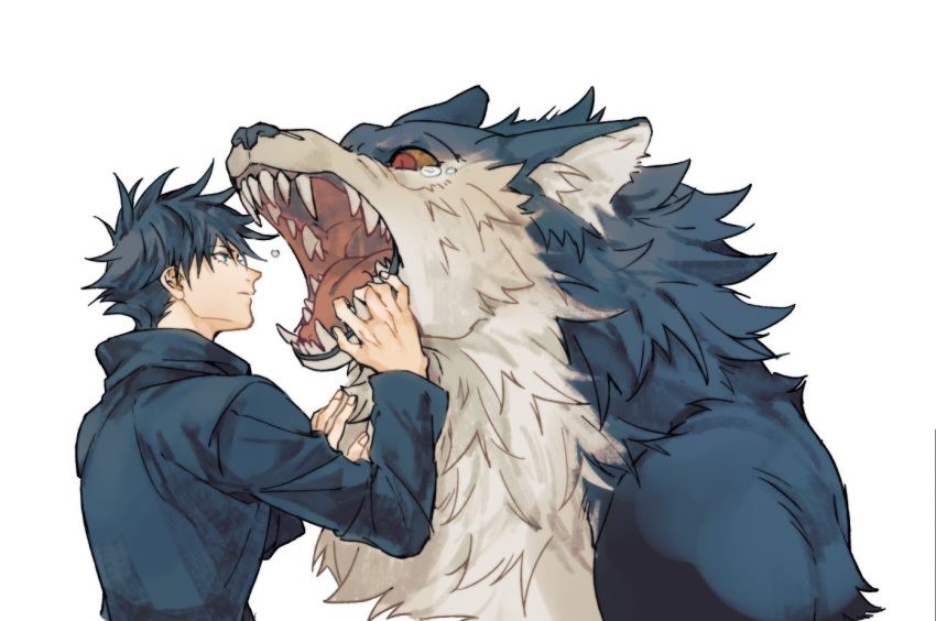 1boy animal bangs black_dog black_hair black_jacket blue_eyes closed_mouth dog fushiguro_megumi jacket jujutsu_kaisen long_sleeves male_focus open_mouth profile satsuki_g short_hair simple_background solo tearing_up upper_body white_background