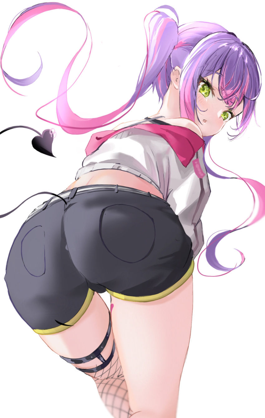 1girl ass ass_focus bangs bent_over black_shorts blush demon_tail fishnet_legwear fishnets floating_hair from_behind green_eyes highres hololive looking_at_viewer looking_back meron_no_kawa multicolored_hair open_mouth pink_hair purple_hair shiny shiny_hair short_shorts shorts simple_background solo tail thigh_gap thigh_strap thighs tokoyami_towa virtual_youtuber white_background