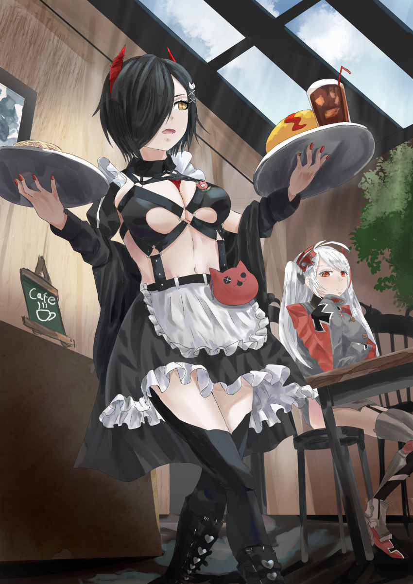2girls absurdres apron azur_lane black_footwear black_hair black_legwear black_skirt boots breast_strap breasts cat_hair_ornament grey_legwear hachiware_(kagisippo2) hair_ornament hand_on_own_cheek hand_on_own_face headgear highres holding holding_tray horns indoors maid_cafe mechanical_horns medium_breasts miniskirt multicolored_hair multiple_girls nail_polish o-ring o-ring_top official_alternate_costume open_mouth prinz_eugen_(azur_lane) red_eyes red_horns red_nails redhead seiza short_hair sitting skirt streaked_hair thigh-highs tray two-tone_hair ulrich_von_hutten_(azur_lane) ulrich_von_hutten_(mayhem_maid)_(azur_lane) waist_apron white_apron white_hair x_hair_ornament yellow_eyes