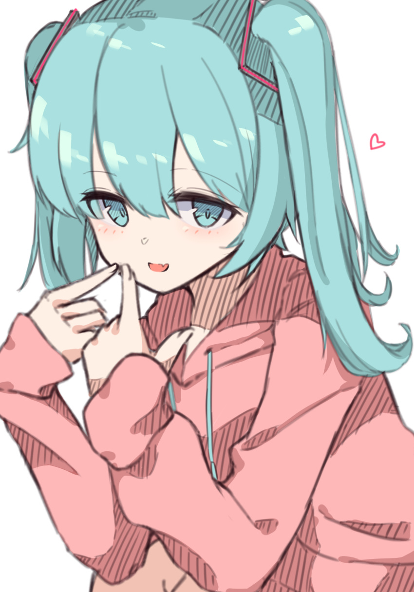 1girl :d bangs blue_eyes blue_hair blush commentary_request drawstring eyebrows_visible_through_hair fang hair_between_eyes hands_up hatsune_miku heart highres hood hood_down hoodie long_hair long_sleeves pink_hoodie puffy_long_sleeves puffy_sleeves simple_background sleeves_past_wrists smile solo twintails vocaloid white_background yusake_san