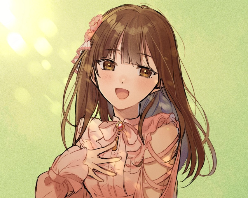 1girl :d blush bow bowtie brown_eyes brown_hair chisumi commentary dress english_commentary green_background hand_on_own_chest idolmaster idolmaster_cinderella_girls long_hair long_sleeves looking_at_viewer mizumoto_yukari open_mouth pink_bow pink_bowtie pink_dress simple_background smile solo