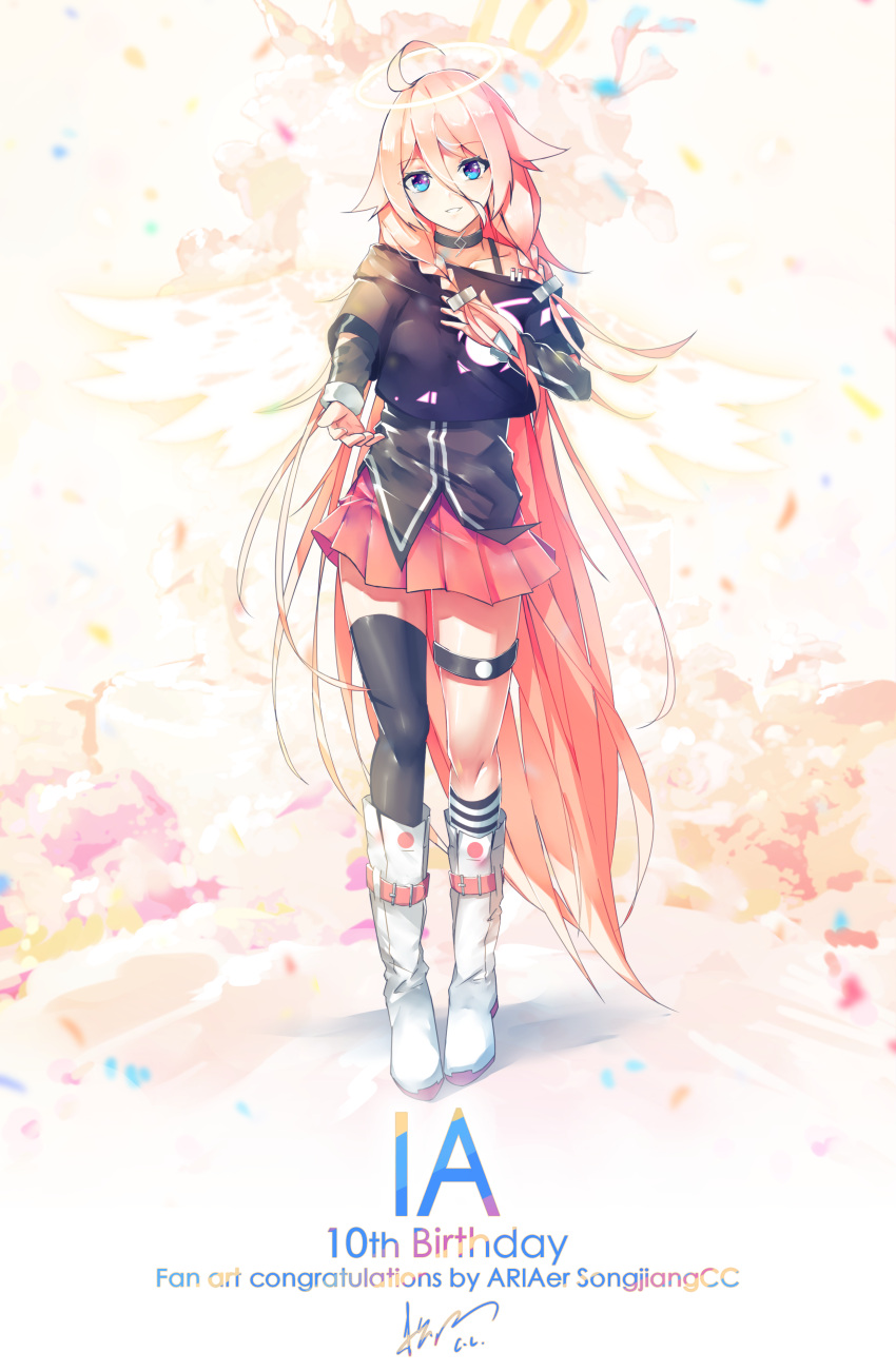 1girl absurdres ahoge artist_name asymmetrical_legwear birthday black_legwear black_shirt blue_eyes blurry blurry_foreground boots braid cevio character_name chinese_commentary collarbone commentary confetti elbow_cutout full_body hand_on_own_chest highres ia_(vocaloid) knee_boots long_hair looking_at_viewer miniskirt off-shoulder_shirt off_shoulder parted_lips pendant_choker pink_skirt platinum_blonde_hair pleated_skirt reaching_out shirt side_braids signature single_bare_shoulder single_thighhigh skirt smile solo songjiangcc spaghetti_strap standing thigh-highs thigh_strap very_long_hair vocaloid white_footwear