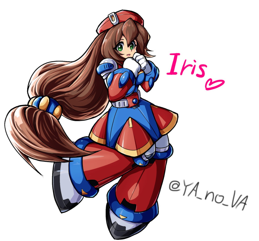 1girl android bangs beret blush breasts brown_hair character_name dress full_body gloves green_eyes hair_between_eyes hat highres iris_(mega_man) long_hair looking_at_viewer low-tied_long_hair medium_breasts mega_man_(series) mega_man_x4 mega_man_x_(series) open_mouth ponytail simple_background smile solo very_long_hair white_background white_gloves ya_no_va