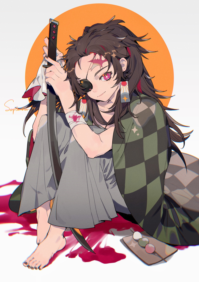 1boy absurdres bandaged_wrist bandages barefoot black_eyepatch blood blood_on_bandages blood_on_ground brown_hair brown_nails chinese_commentary circle closed_mouth commentary_request dango dated earrings eyepatch food grey_background grey_pants hakama hakama_pants hands_up haori highres holding holding_cloth holding_sword holding_weapon japanese_clothes jewelry kamado_tanjirou katana kimetsu_no_yaiba long_hair looking_at_viewer male_focus nail_polish one_eye_covered orange_background pants pink_eyes ponytail sanshoku_dango scar scar_on_face scar_on_forehead smile solo sword taowu_(20809) toenail_polish toenails wagashi weapon