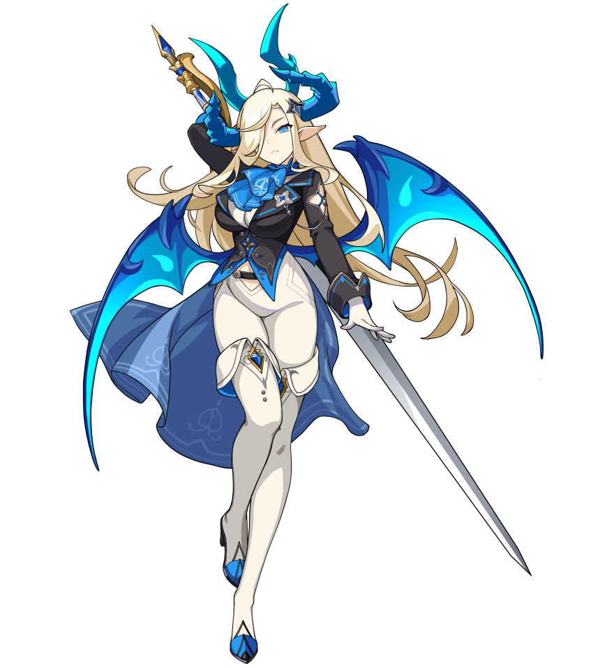 1girl absurdres blonde_hair blue_eyes blue_horns blue_wings breasts demon_girl expressionless full_body game_cg gloves guardian_tales hair_over_one_eye highres holding holding_sword holding_weapon horns large_breasts long_hair looking_at_viewer navel noble_succubus_bianca official_art pointy_ears standing sword transparent_background weapon white_gloves white_legwear wings