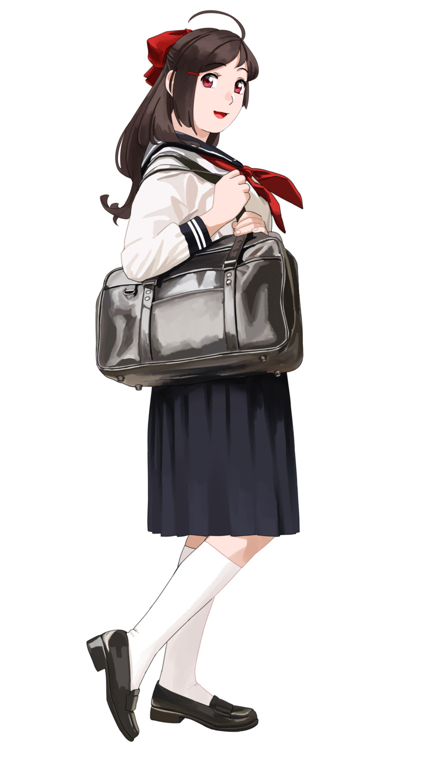 1girl absurdres alternate_costume bag black_footwear black_sailor_collar black_skirt brown_hair commentary_request full_body hair_ornament hair_ribbon hairclip half_updo highres kantai_collection kneehighs loafers long_hair looking_at_viewer mamiya_(kancolle) ojipon pleated_skirt red_eyes ribbon sailor_collar school_bag school_uniform serafuku shoes simple_background skirt solo standing white_background white_legwear