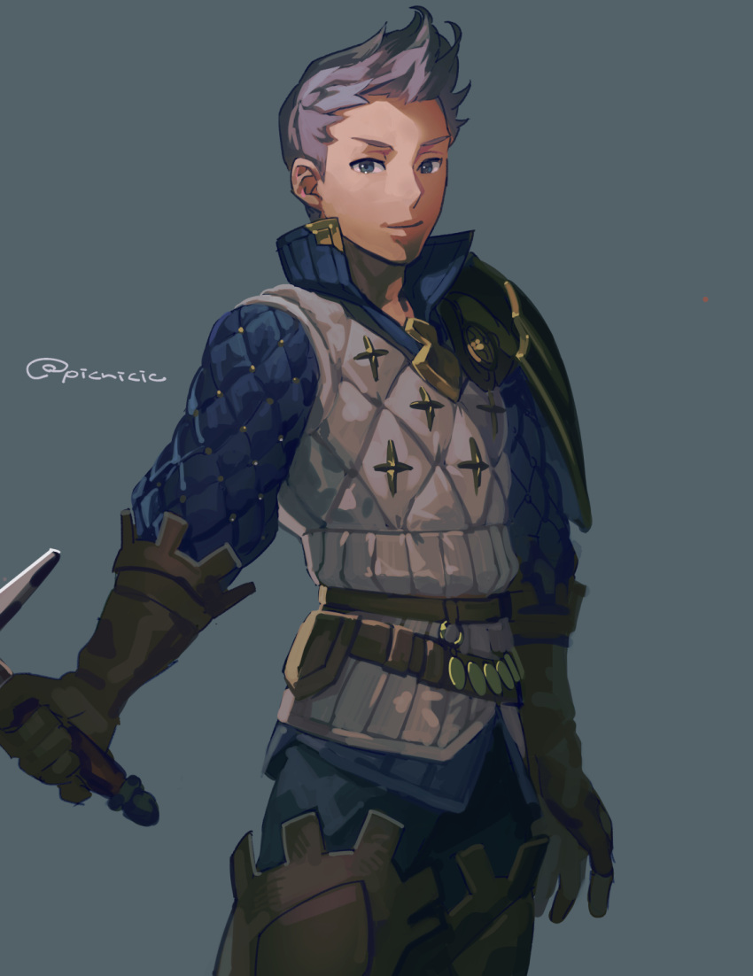 1boy alternate_costume armor collared_shirt commission fire_emblem fire_emblem_fates gloves grey_eyes grey_hair highres holding holding_sword holding_weapon leather leather_belt leather_gloves looking_at_viewer male_focus picnicic shirt silas_(fire_emblem) solo sword upper_body weapon
