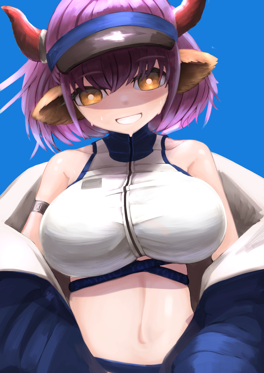 1girl absurdres animal_ears arknights arm_strap bangs bare_shoulders bikini blue_background blue_jacket breasts brown_eyes commentary_request eyebrows_visible_through_hair grin highres horns jacket large_breasts looking_at_viewer navel off_shoulder open_clothes open_jacket partial_commentary purple_hair short_hair sideroca_(arknights) sideroca_(light_breeze)_(arknights) simple_background smile solo stomach swimsuit tadaosamuumi upper_body visor_cap white_bikini