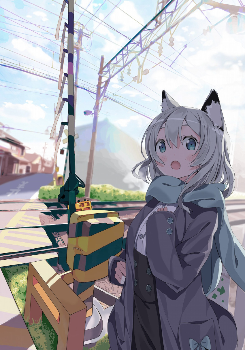 1girl :o animal_ear_fluff animal_ears bangs black_skirt blue_eyes blue_scarf blue_sky blush clouds cloudy_sky commentary_request day enpera eyebrows_behind_hair fox_ears grey_hair grey_jacket hair_between_eyes hand_up high-waist_skirt highres house jacket long_sleeves open_clothes open_jacket open_mouth original outdoors power_lines railroad_crossing railroad_tracks scarf shirt skirt sky sleeves_past_wrists solo tantan_men_(dragon) white_shirt