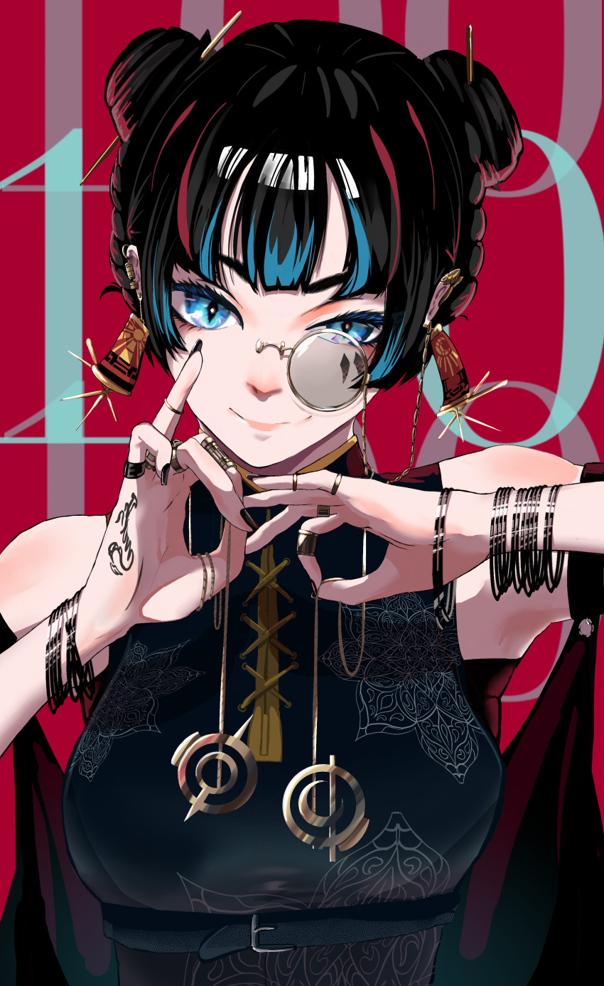 1girl absurdres bangs belt black_belt black_dress black_hair black_nails blue_eyes blue_hair bracelet chinese_clothes closed_mouth commentary double_bun dress ear_piercing earrings eyelashes hair_ornament hairpin hand_gesture hand_tattoo hands_up highres hiyaori_(hiyahiyaval) jewelry looking_at_viewer monocle multicolored_hair nail_polish original piercing red_background redhead round_eyewear sleeveless sleeveless_dress smile solo streaked_hair symbol-shaped_pupils tsurime upper_body